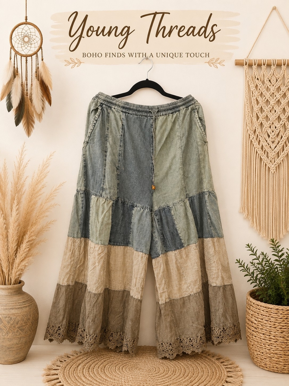 205 Young Threads Women's Patchwork Wide Leg Pants in Green and Tan